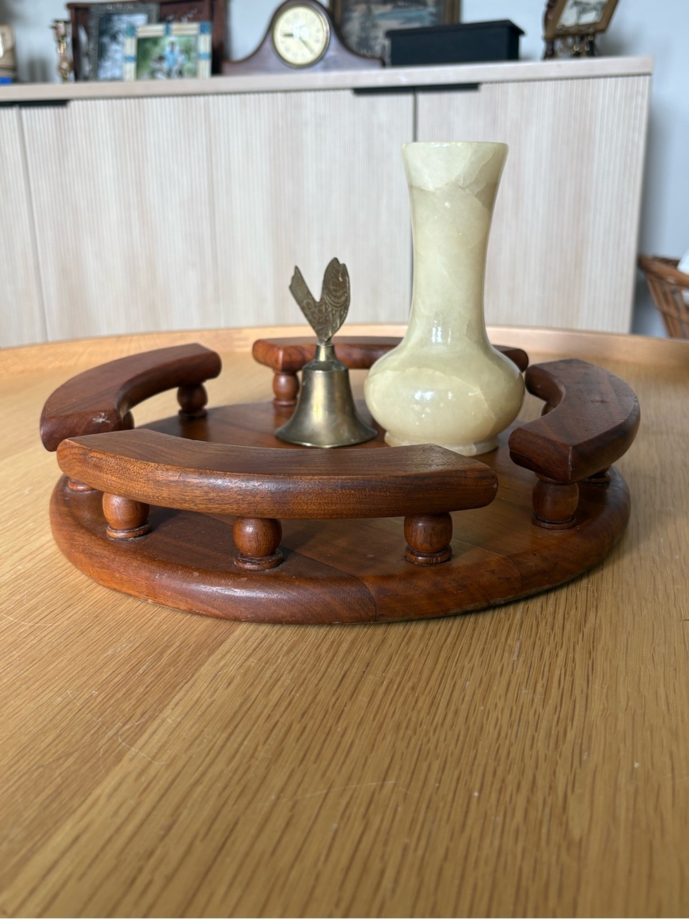 Mid-Century Wooden Round Tray with Raised Handles - Brown